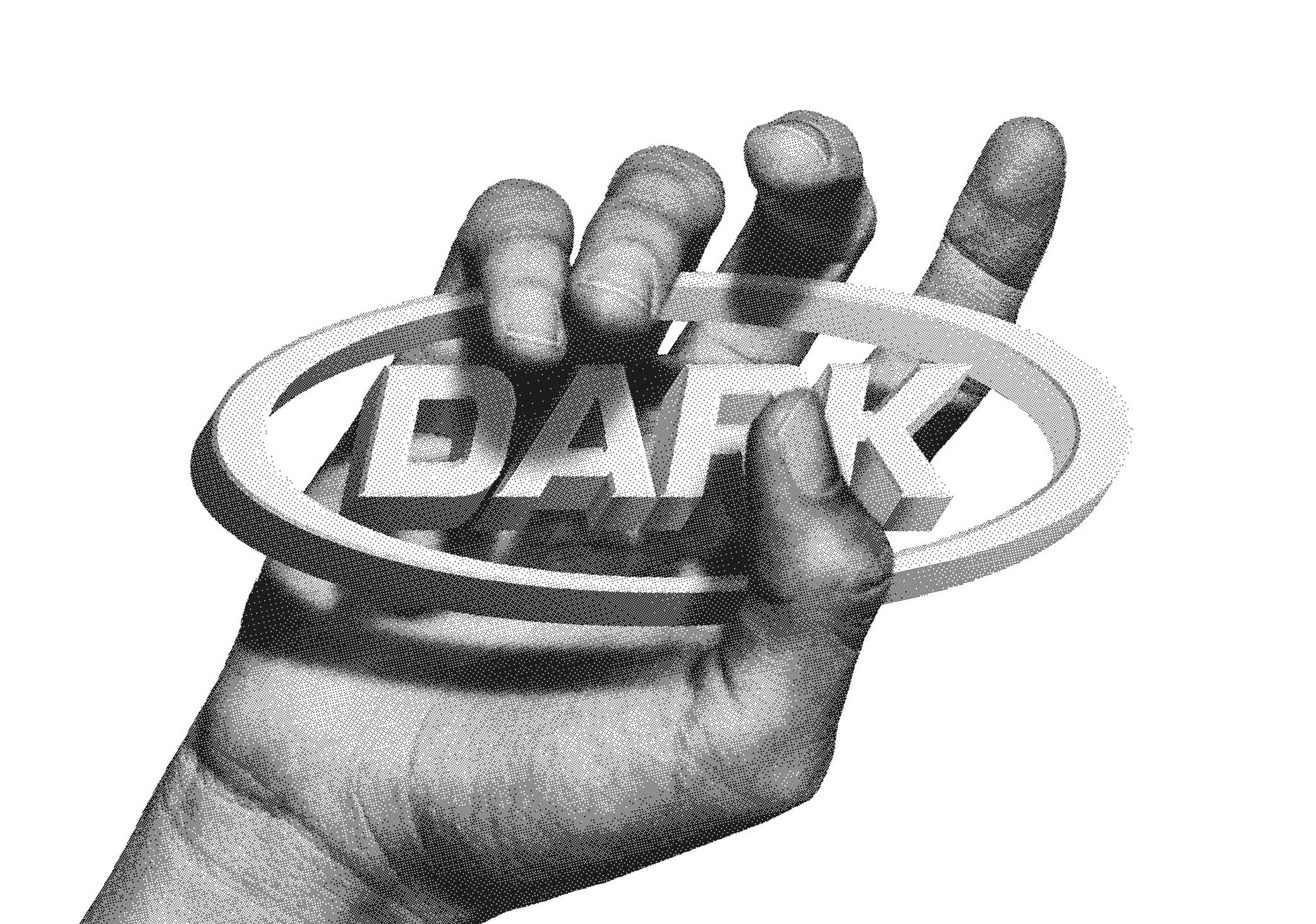 Stylised image of a hand holding a logo with a noisy monochromatic effect