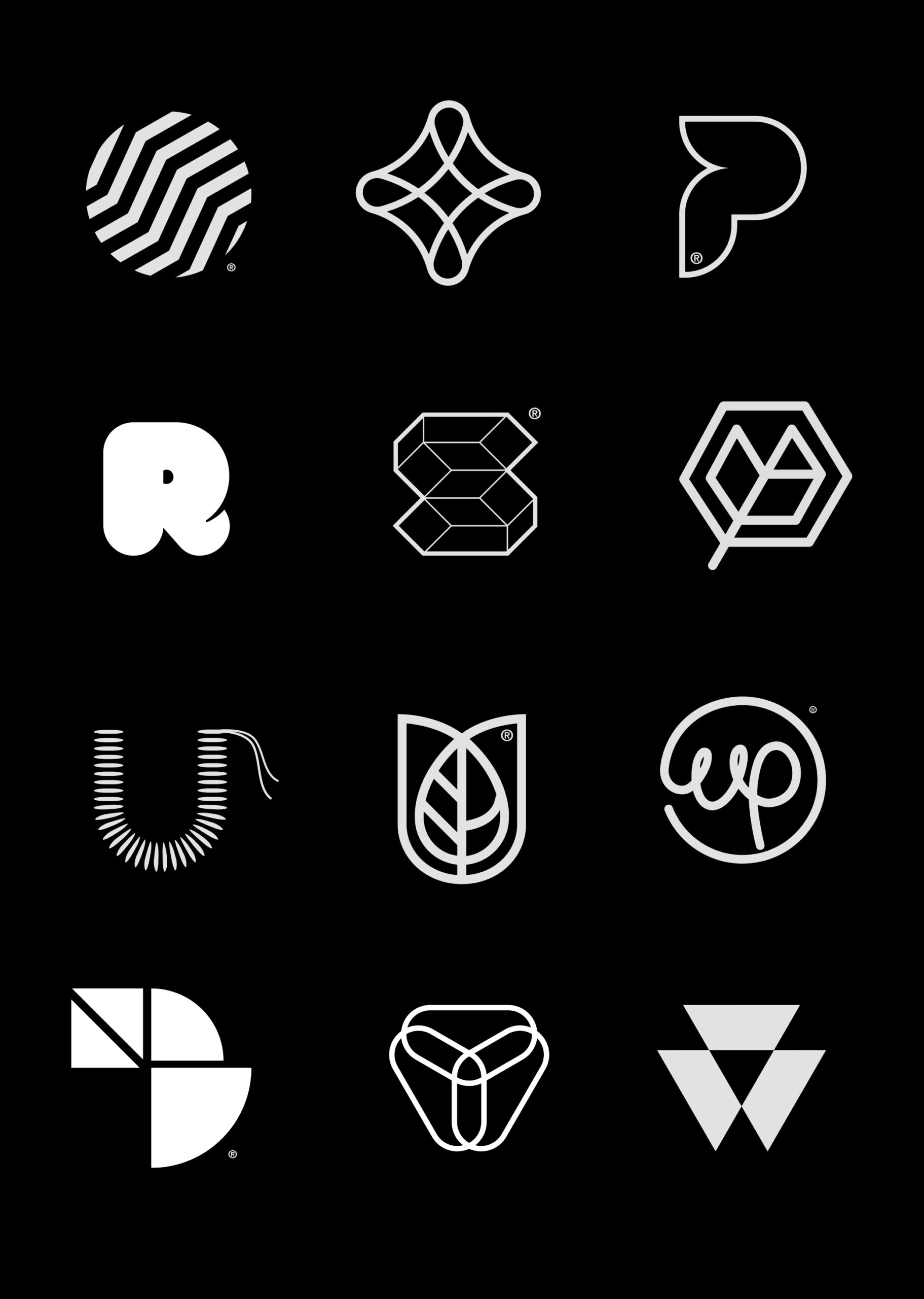 Twelve different geometric logo designs, white on a black background
