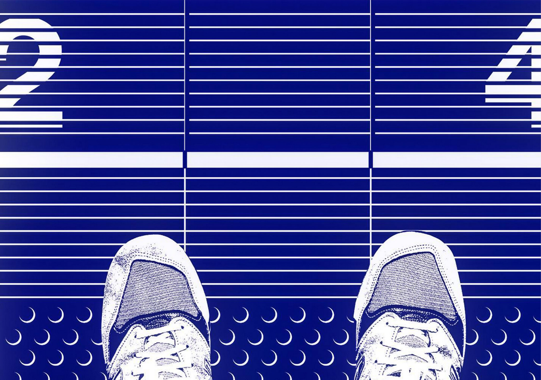 Experimental poster, top view of trainers on train platform edited to have a mono blue and white style