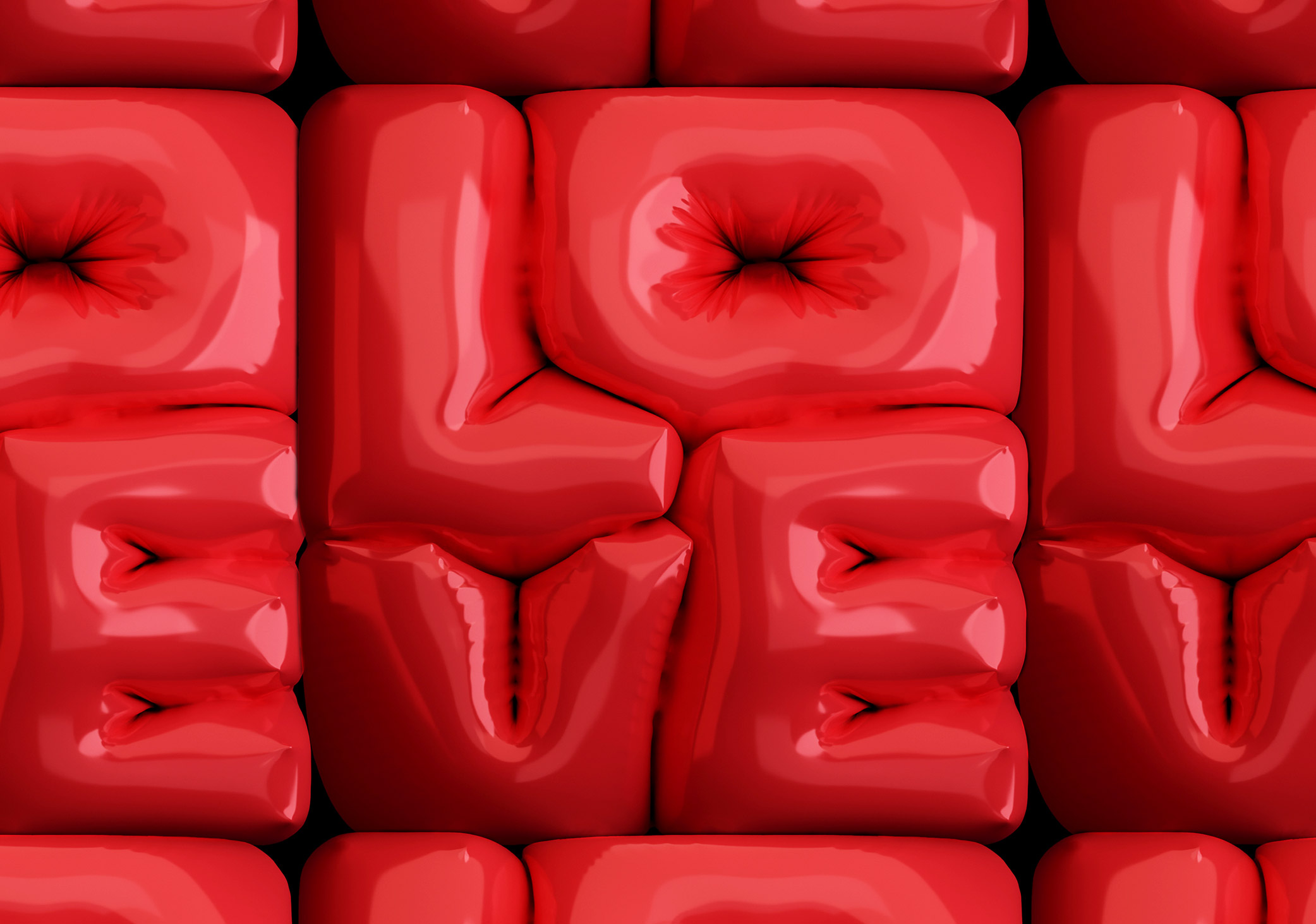 3D rendered design using the word Love in an inflated style and a red rubber texture